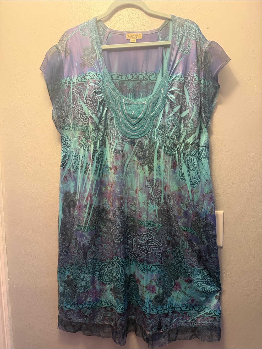 ONE WORLD Teal and Purple Beaded Scoop-Neck Cap Sleeve Dress